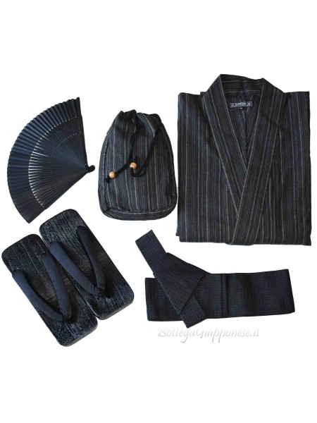 Yukata nero righe con 4 accessori inclusi (LL)