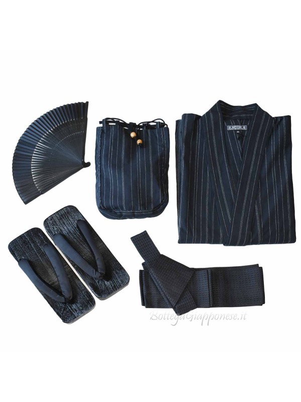 Yukata nero linee con 4 accessori inclusi (LL)